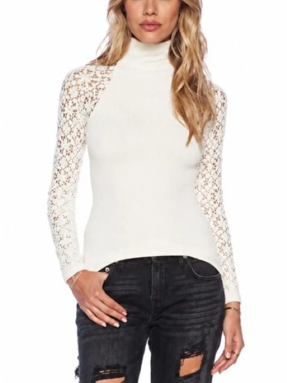 Women's Cream Lace-Sleeve Sweater Mock Neck Cami Free People